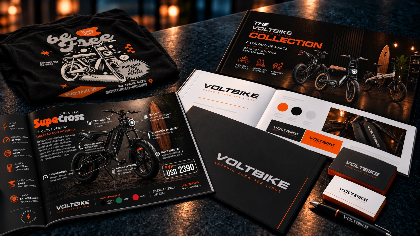 Identidad VoltBike sobre la mesa de piedra
